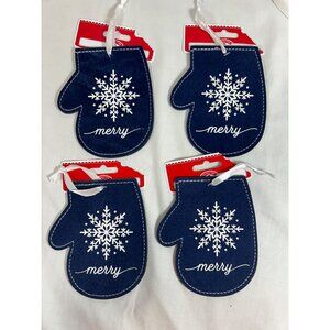 Holiday Felt Mitten Shaped 4 Ornaments Blue Merry Christmas Tree 4.5in New
